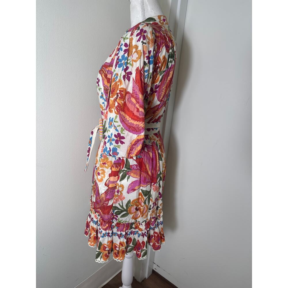 Farm Rio Pink and Orange Puff Sleee Button Up Belted Mini Dress Sz S - Picture 3 of 5